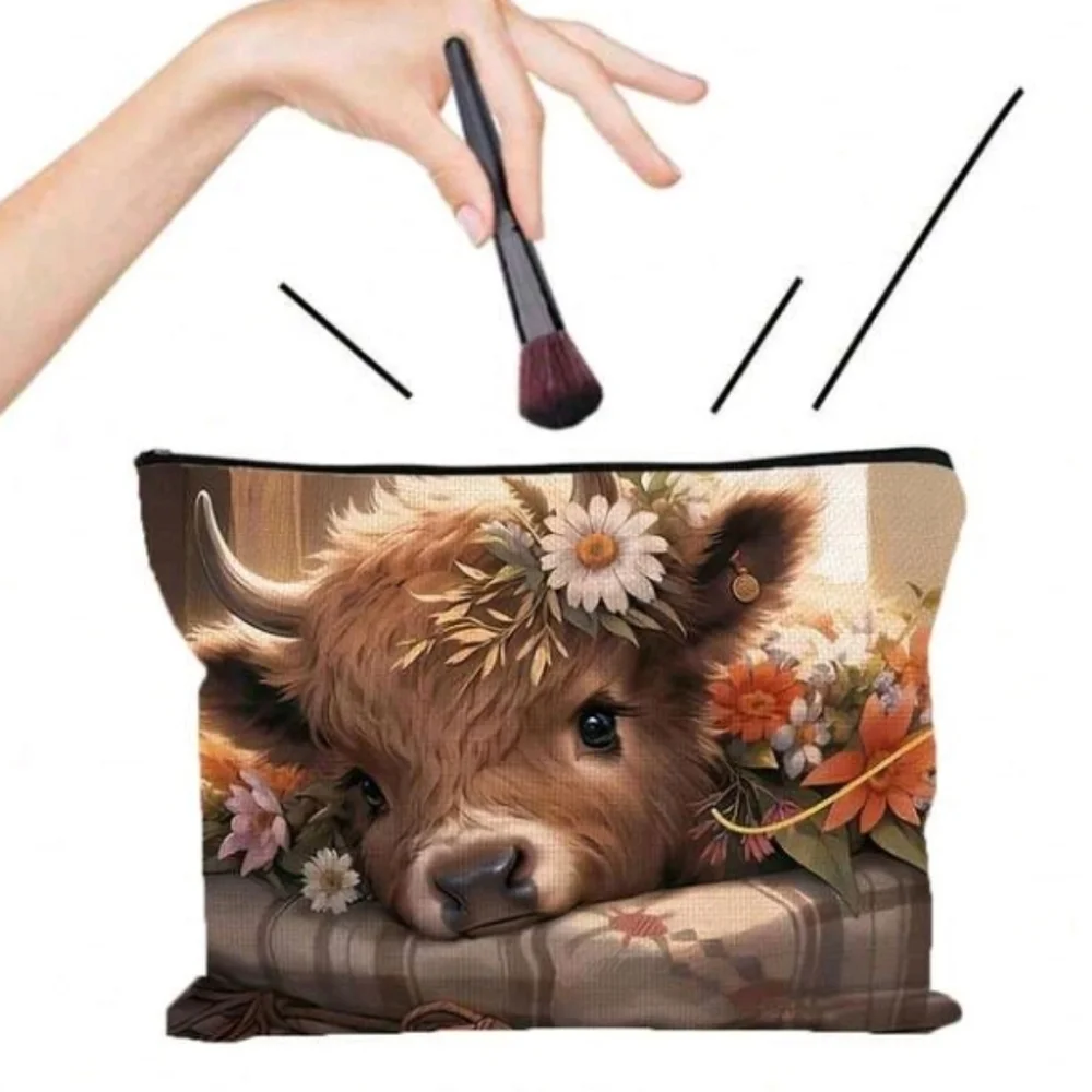 Floral Cow Canvas Print Makeup Bag Accessories Zipper Pouch Purse